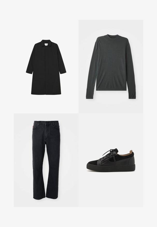 Sort trenchcoat med et minimalistisk design, der har en lige silhuet, lange ærmer, sidelommer og en knaplukning.; Mørkegrå langærmet strikket sweater med høj, ribbet krave. Blød tekstur, afslappet pasform og ingen synlige mønstre eller hardwaredetaljer.; Sorte denim jeans med lige ben-design, høj talje, knaplukning og subtile syninger langs lommerne og sømmene.; Giuseppe Zanotti DOUBLE ZIP - Sneakers - black