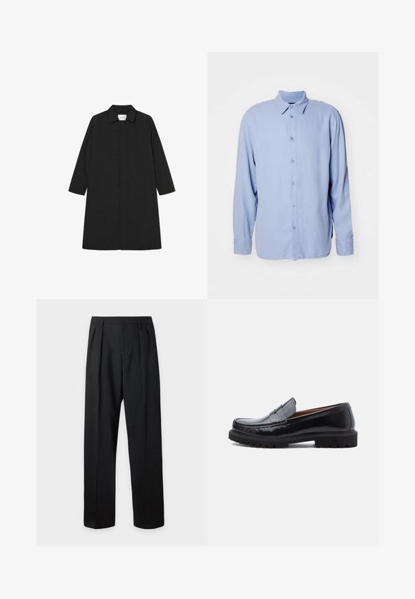 Manteau noir style trench avec un design minimaliste, présentant une silhouette droite, des manches longues, des poches latérales et une fermeture à boutons.; Chemise bleu clair à boutons, fabriquée en tissu doux, avec un col classique, des manches longues et un fermoir à boutons sur le devant. Design minimaliste, sans motifs.; Pantalon noir taille haute, sur-mesure, avec passants pour ceinture, plis sur le devant, fermeture par bouton et jambes droites larges sur fond clair.; Mocassin penny en cuir noir avec semelle en caoutchouc épaisse et couture moc toe, montré de profil sur un fond blanc.