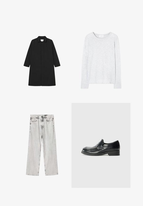 Sort trenchcoat med et minimalistisk design, der har en lige silhuet, lange ærmer, sidelommer og en knaplukning.; Lysegrå langærmet skjorte lavet af blødt stof. Har en rund halsudskæring og en let løs pasform med slidser i siderne ved kanten.; Lysegrå straight-leg denim jeans med fem lommer og bæltestropper, med subtile falmede detaljer.; Sort læder loafersko med mokkasinsyning, en fremtrædende rem over forfoden og en lav, stablet hæl. Glat finish og rund tå.