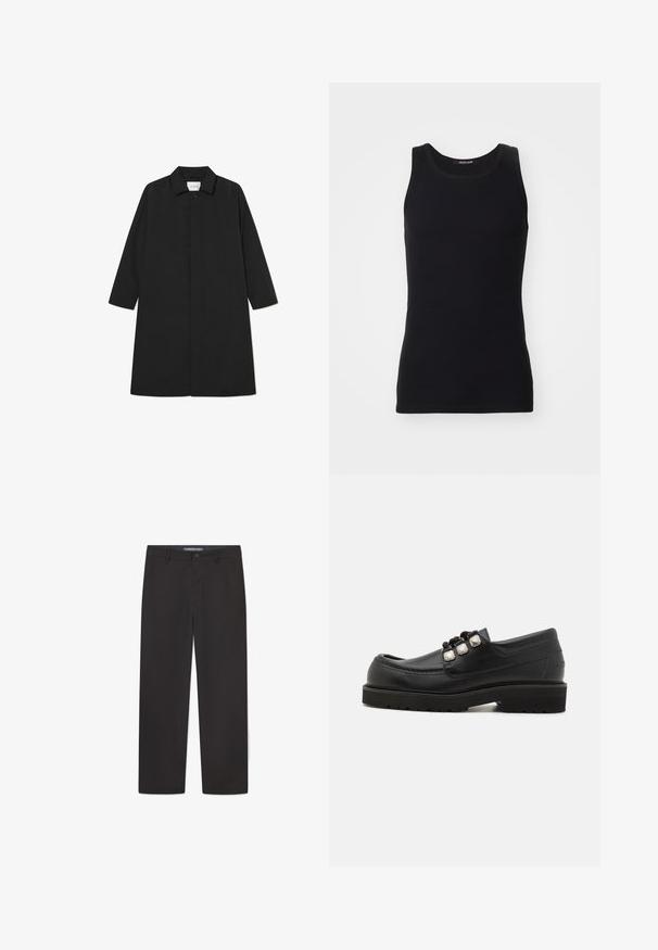 Sort trenchcoat med et minimalistisk design, der har en lige silhuet, lange ærmer, sidelommer og en knaplukning.; Sort tanktop lavet af et glat, strækbart materiale. Har en rund halsudskæring og ingen ærmer, med en tætsiddende pasform og enkelt design.; Sorte bukser lavet af glat stof, med et lige ben design, en talje med knaplukning og uden synlige mønstre eller accenter.; Sorte læder loafers med rund tå, der har tre metalliske detaljer og en tekstureret sål for godt greb. Glat overdel og syet detalje.