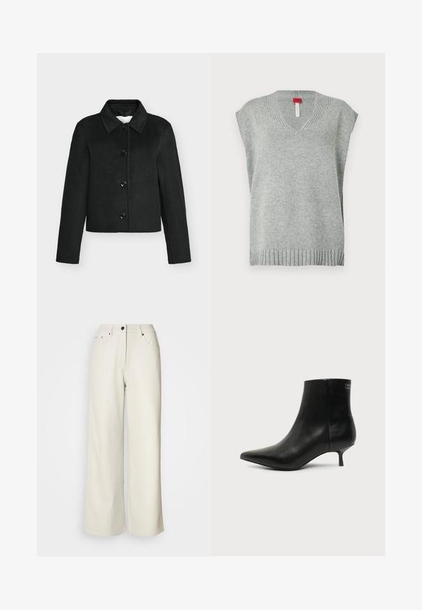 Veste courte noire en mélange de laine avec col et quatre boutons devant, manches longues et ourlet droit.; Gilet sans manches en tricot gris clair avec col en V et ourlet et encolure côtelés, présenté sur fond blanc.; Pantalons larges de couleur crème en tissu lisse. Dotés d'une taille mi-haute, d'une fermeture éclair et de deux poches avant avec des accents en matériel noir.; Bottine en cuir noir avec bout pointu et petit talon kitten sur fond clair, vue côté extérieur.