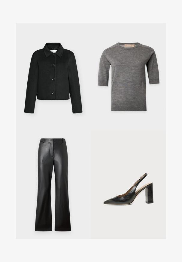 Veste courte noire en mélange de laine avec col et quatre boutons devant, manches longues et ourlet droit.; Pull en tricot gris à manches courtes avec col rond et poignets et ourlet côtelés, présenté à plat sur fond blanc.; Pantalons en cuir noir avec une texture lisse, design à jambes larges et une taille mi-haute dotée de passants de ceinture et de poches avant.; Chaussure slingback en cuir noir à bout pointu avec un talon bloc haut et une doublure intérieure beige sur un fond clair uni.