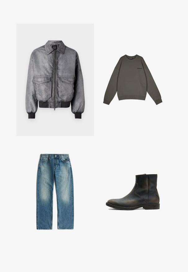 Graue Bomberjacke mit glatter Textur, Reißverschluss vorne, zwei großen Brusttaschen und gerippten Bündchen und Saum. Mit klassischem Kragendesign.; Pegador LOGO - Strickpullover - anthracite; Blaue Denim-Jeans mit geradem Bein, vorderem Knopf und Reißverschluss, Fünf-Taschen-Design und ausgebleichten Stellen an Oberschenkeln und Knien.; AllSaints LANG - Stiefelette - brown