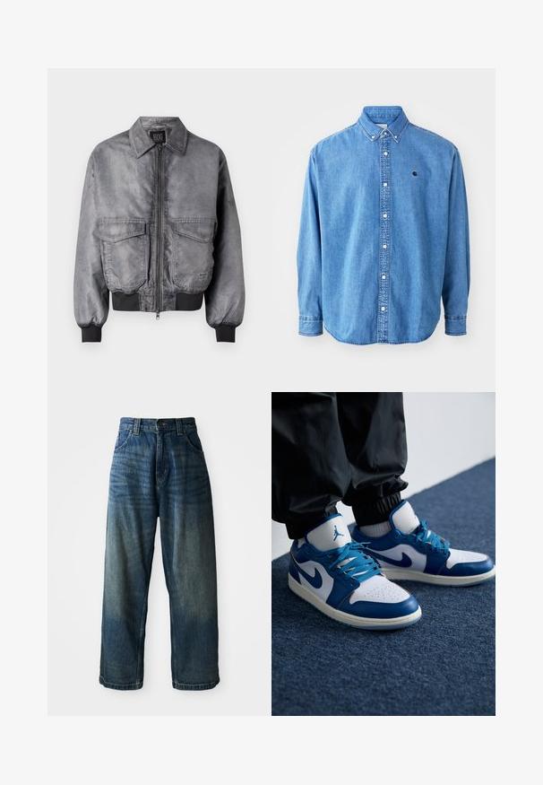 Graue Bomberjacke mit glatter Textur, Reißverschluss vorne, zwei großen Brusttaschen und gerippten Bündchen und Saum. Mit klassischem Kragendesign.; Denim-Hemd mit Knöpfen, hellblau, mit Punktkragen, langen Ärmeln und kleinem Logo auf der Brust. Verfügt über weiße Knöpfe und genähte Nähte.; Weite blaue Denim-Jeans mit einem verwaschenen Finish. Verfügt über fünf Taschen, einen Knopfverschluss und kontrastierende Nähte. Schwergewichtiges Material.; Die Nike Air Jordan Sneakers verfügen über eine weiße Lederbasis mit blauen synthetischen Akzenten, einer perforierten Zehenbox und blauen Schnürsenkeln.