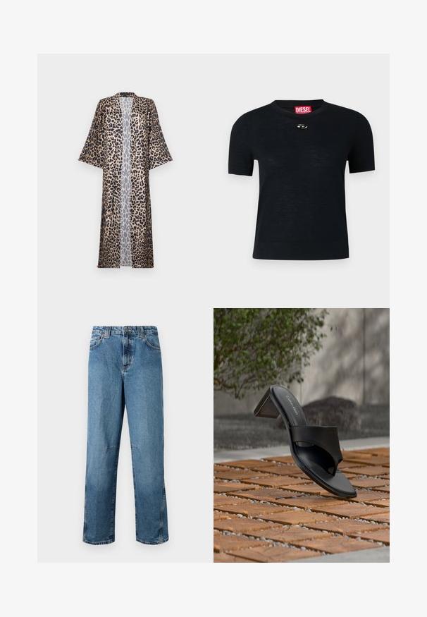 Leopardprint kimono med en afslappet pasform, der har korte ærmer, åben fortil og en silkeagtig tekstur. Farvepaletten omfatter sort, brun og beige.; Sort kortærmet T-shirt med rund hals, lavet af blødt stof, med en rund sølvdetalje nær halsudskæringen og et rødt mærke.; Lyseblå denimjeans med lige pasform, udstyret med stiklommer, en frontknaplukning og minimal falmning på stoffet.; Sort Calvin Klein hælet sandal med tå-loop på trægulv udendørs nær et træ og en stenmur.