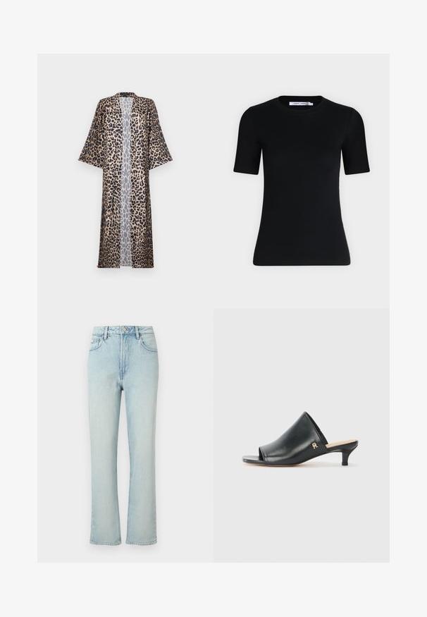 Leopardprint kimono met een relaxte pasvorm, voorzien van korte mouwen, een open voorkant en een zijdeachtige textuur. Het kleurenpalet bestaat uit zwart, bruin en beige.; Zwart nauwsluitend T-shirt met korte mouwen, een ronde hals en een label aan de binnenkant van de kraag tegen een effen lichte achtergrond.; Lichtblauwe jeans met hoge taille en rechte pijpen, met voorste knoop, riemlussen en klassiek ontwerp met vijf zakken tegen een effen achtergrond.; Zwarte leren open teen muiltjes met een lage hak. Heeft een glad oppervlak en een gouden logo accent aan de zijkant.