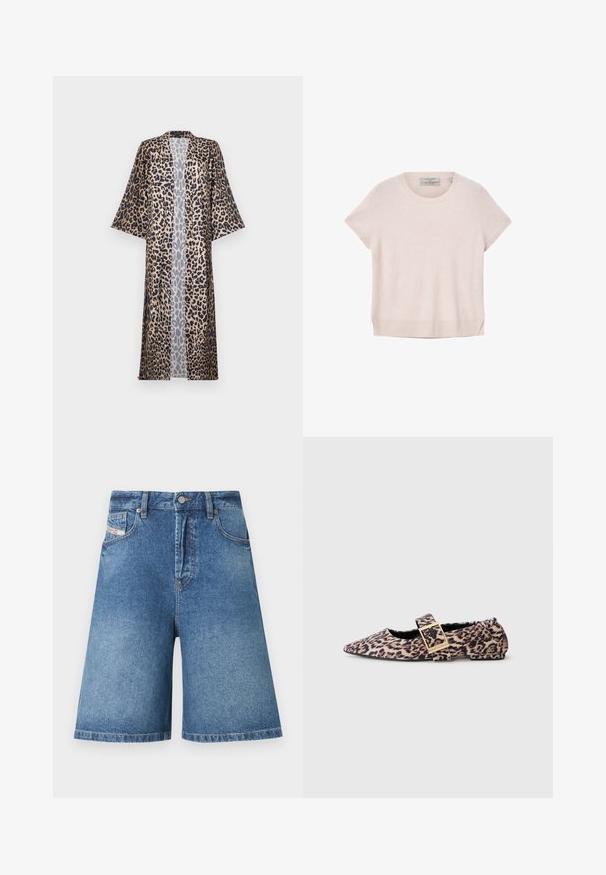Leopardprint kimono med en afslappet pasform, der har korte ærmer, åben fortil og en silkeagtig tekstur. Farvepaletten omfatter sort, brun og beige.; Lys pink kortærmet sweater lavet af blødt materiale, med rund halsudskæring og lette sidesprætter i kanten for nem bevægelse.; Højtaljede blå denimshorts med forreste knap, lynlås, bæltestropper og design med fem lommer, vist på hvid baggrund.; Flad sko med leopardprint, spids tå, justerbar rem, guldbeslag og tekstureret stof. Sort indvendig foring.