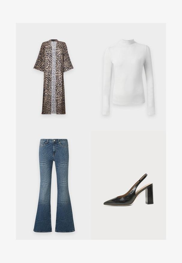 Kimono s leopardím vzorom s uvoľneným strihom, s krátkymi rukávmi, otvoreným predným dielom a hodvábnou textúrou. Farebná paleta zahŕňa čiernu, hnedú a béžovú.; Biely dlhý rukáv rolák vyrobený z texturovanej, lesklej látky. Má úzky strih a vysoký golier.; Modré rozšírené rifle s celoplošným opakujúcim sa vzorom loga "JOOP! JEANS" a klasickým päťvreckovým strihom.; Čierna kožená slingback obuv s špicatou špičkou, vysokým hrubým podpätkom a béžovou vnútornou podšívkou na svetlom jednofarebnom pozadí.