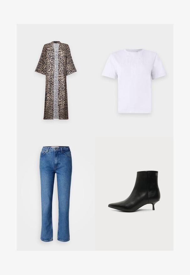 Kimono s leopardím vzorom s uvoľneným strihom, s krátkymi rukávmi, otvoreným predným dielom a hodvábnou textúrou. Farebná paleta zahŕňa čiernu, hnedú a béžovú.; Biela bavlnená tričko s vyvýšeným dizajnom textu "LOVERS IN". Klasický okrúhly výstrih a krátke rukávy s voľným strihom.; Modré denimové džínsy so strihom rovného nohu, s klasickým päťvreckovým dizajnom, oranžovým prešívaním a zapínaním na gombík.; Čierna kožená členková šnúrovacia obuv s ostrou špičkou a nízkym kitten podpätkom na svetlom pozadí, pohľad z vonkajšej strany.