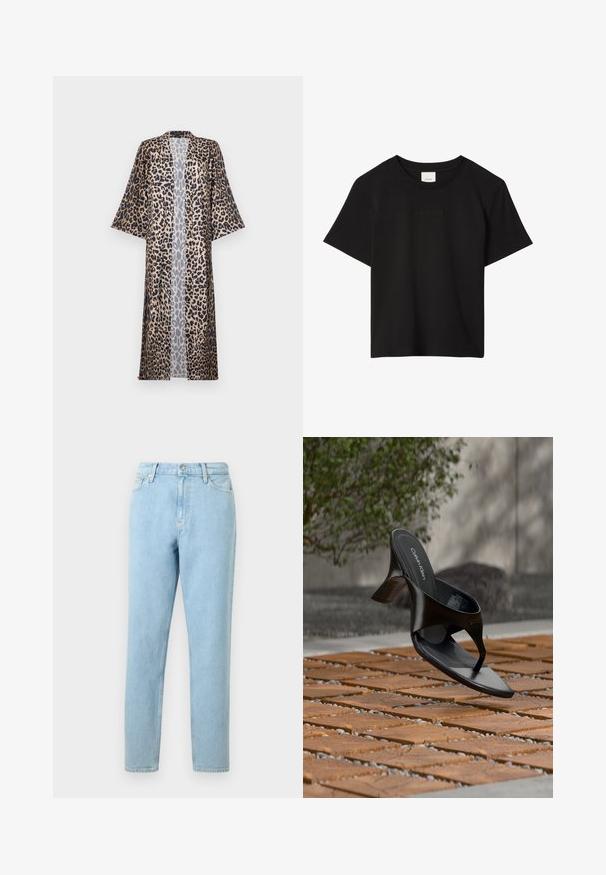 Kimono con estampado de leopardo y corte relajado, con mangas cortas, abertura frontal y textura sedosa. La paleta de colores incluye negro, marrón y beige.; Camiseta negra de manga corta con cuello redondo y sutil logo Calvin Klein en relieve centrado en el pecho.; Pantalones vaqueros de denim azul claro con un corte recto, diseño de cinco bolsillos y cierre de botones. Presentan un ligero desvanecimiento y una textura suave.; Sandalia negra de tacón tipo tanga de Calvin Klein flotando sobre una superficie exterior de azulejos, con vegetación y una pared de hormigón al fondo.
