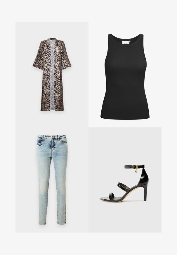 Kimono con estampado de leopardo y corte relajado, con mangas cortas, abertura frontal y textura sedosa. La paleta de colores incluye negro, marrón y beige.; Top negro sin mangas hecho de tela acanalada, con un escote en forma de bote y un ajuste ceñido. Costuras planas y sin adornos. Diseño simple y elegante.; Vaqueros ajustados de color azul claro con efecto desgastado, bolsillos delanteros, cierre con botones y un logo lateral sutil cerca del dobladillo sobre un fondo blanco.; Sandalia de charol negro con tres correas, hebilla en el tobillo y tacón de aguja de 10 cm. Presenta detalles de hardware en oro y un charm con el logo.