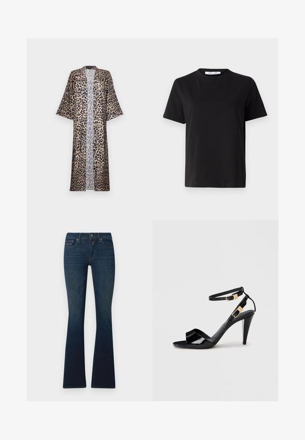 Kimono s leopardím vzorom s uvoľneným strihom, s krátkymi rukávmi, otvoreným predným dielom a hodvábnou textúrou. Farebná paleta zahŕňa čiernu, hnedú a béžovú.; Čierne tričko s krátkym rukávom vyrobené z mäkkej bavlny, s okrúhlym výstrihom, uvoľneným strihom a hladkou štruktúrou. Žiadne viditeľné vzory ani grafika.; Tmavomodré rozšírené džínsy vyrobené z denimovej látky, s pásom a predným gombíkom, šikmými vreckami a jemným detailom stehu.; Čierne lakované sandále na vysokom opätku s dvojitými remienkami na členku a zlatými prackami, otvorená špička a štíhly tvarovaný opätok na neutrálnom pozadí.