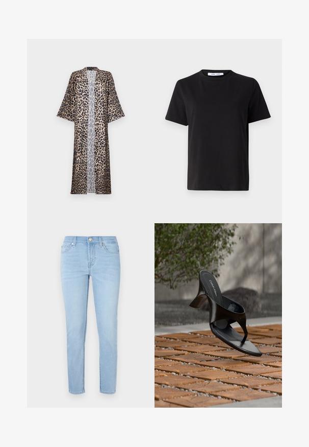 Leopardprint kimono met een relaxte pasvorm, voorzien van korte mouwen, een open voorkant en een zijdeachtige textuur. Het kleurenpalet bestaat uit zwart, bruin en beige.; Zwart T-shirt met korte mouwen, gemaakt van zachte katoen, met een ronde hals, een ontspannen pasvorm en een gladde textuur. Geen zichtbare patronen of opdrukken.; Lichtblauwe jeans van denim, met een rechte pasvorm, vijf zakken en gouden hardware op de tailleband. Gladde textuur zonder patronen.; Zwarte Calvin Klein hoge hak teenslipper die zweeft boven een betegeld buitenterrein met groen en een betonnen muur op de achtergrond.