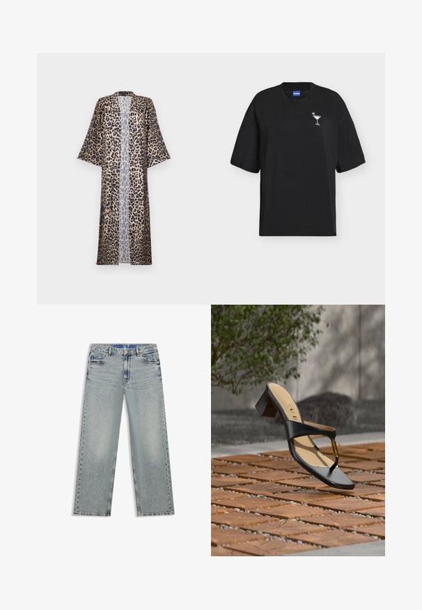 Leopardenmuster-Kimono im lässigen Schnitt mit kurzen Ärmeln, offenem Vorderteil und seidigem Material. Die Farbpalette umfasst Schwarz, Braun und Beige.; Schwarzes T-Shirt mit kurzen Ärmeln und Rundhalsausschnitt mit kleinem weißem Martini-Glas-Grafik auf der linken Brust und blauem HUGO Markenetikett im Innenkragen.; Hellblaue Jeans mit weitem Bein aus Denim, mit ausgewaschenen Stellen, fünf Taschen und einem blauen, gebrandeten Taillenbund.; Schwarze Sandalette mit Absatz, Zehenschlaufe und goldenem Akzent, auf einer Holz- und Steinpflasteroberfläche im Freien nahe Grünflächen platziert.