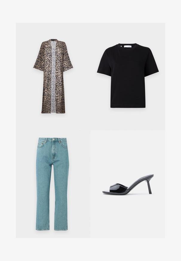 Kimono con estampado de leopardo y corte relajado, con mangas cortas, abertura frontal y textura sedosa. La paleta de colores incluye negro, marrón y beige.; Camiseta negra lisa de manga corta con cuello redondo, ajuste relajado y una pequeña etiqueta en el cuello.; Jeans de tiro alto en azul claro con un diseño de pierna recta. Hechos de denim, cuentan con bolsillos frontales y un cierre de botón.; Sandalias de tacón con punta abierta de charol negro, con un diseño superior curvado y tacón de aguja cónico. Acabado liso y brillante.