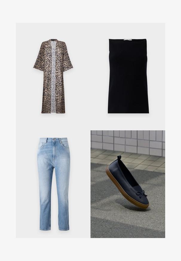 Leopardprint kimono met een relaxte pasvorm, voorzien van korte mouwen, een open voorkant en een zijdeachtige textuur. Het kleurenpalet bestaat uit zwart, bruin en beige.; Zwarte geribde tanktop met een rechte halslijn en mouwloos ontwerp, met een gladde textuur en een aansluitende silhouet.; Lichtblauwe denim jeans met een relaxte pasvorm, een mid-rise taille, vijf zakken en subtiele vervaging. De stof heeft een gladde textuur.; Zwarte leren instapschoen met bruine rubberen zool en een gestrikte strikdetail, zwevend boven een grijs trottoir naast een betegelde muur.