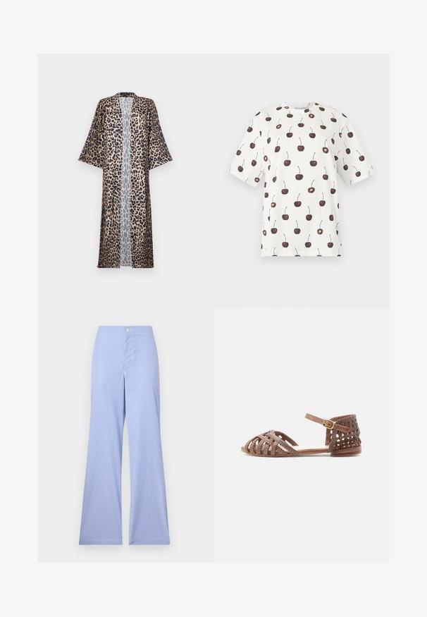 Leopardprint kimono med en afslappet pasform, der har korte ærmer, åben fortil og en silkeagtig tekstur. Farvepaletten omfatter sort, brun og beige.; Hvid kortærmet skjorte med all-over mørkerødt kirsebærmønster og små hjerteformede udskæringer inde i nogle kirsebær.; Blå og hvide stribede vide bukser med høj talje, tætsiddende foroven, med lukning foran og glat tekstur.; Brun vævet flad sandal med ankelrem og guldlås, åben tå og hæl, designet til afslappet brug.