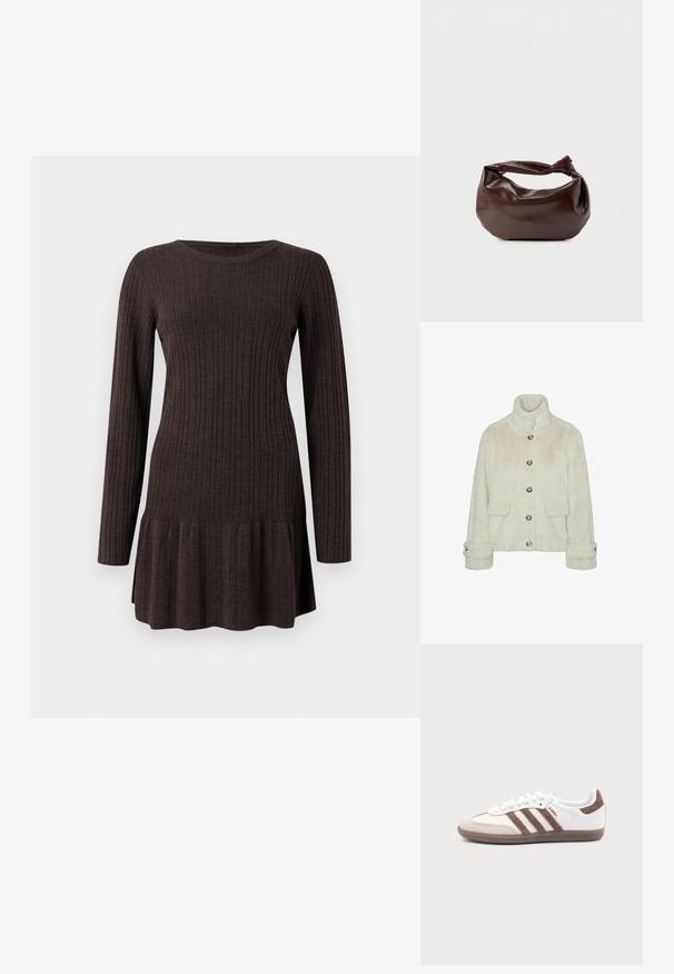 Vero Moda Faux fur VMSONJAEVA - Chaqueta de invierno - oatmeal; Vestido marrón acanalado con mangas largas, que presenta un dobladillo acampanado. Está hecho de un material suave y texturizado, que proporciona una silueta ajustada.; Zapatilla blanca Adidas Samba con franjas de ante marrón, suela de goma marrón y puntera de ante beige, vista desde el lado exterior sobre un fondo liso.; Bolso de hombro de cuero marrón oscuro con una forma suave y caída, y un asa con nudo torcido sobre un fondo blanco liso.