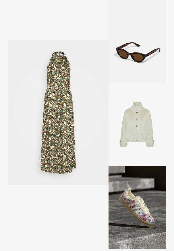 Vero Moda Faux fur VMSONJAEVA - Vinterjakker - oatmeal; VILA VIMAYA HALTER NECK ANKLE DRESS - Maxikjoler - cloud dancer/black/green; Hvid sneakers med røde og blå blomsterprint, cremefarvet sål og snørebånd, svævende over grå betontrapper i udendørs miljø.; Brune skildpadde solbriller med en vintage katteøje-form og brune linser. Har buede arme med røde detaljer.