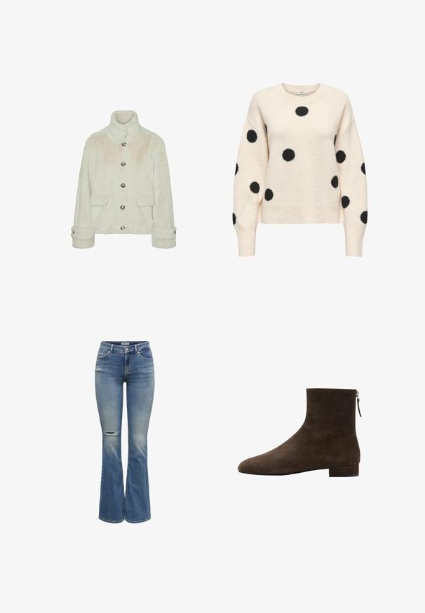 Vero Moda Faux fur VMSONJAEVA - Vinterjakker - oatmeal; Cremefarvet fuzzy sweater med store sorte polkaprikker, lange ærmer, ribkant ved manchetter, kant og rund hals.; Blå denimflare jeans med let slid på lår og knæ, fem lommer, knaplukning og mærke på linningen.; Brune ruskindsankelstøvler med en glat tekstur, en rundet tå og en lav blokhæl. Har lynlås på siden for nem påtagning.