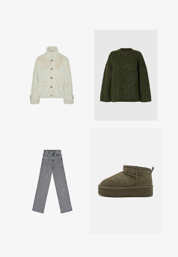 Vero Moda Faux fur VMSONJAEVA - Winterjas - oatmeal; Donkergroen gebreid sweater, gemiddelde dikte, ronde halslijn, oversized pasvorm, gestructureerde stof met een pluizige oppervlakte, lange mouwen.; Grijze denim jeans met een hoge taille, wijde pijpen en een vijf-pocket ontwerp. De stof heeft een gladde textuur en minimale stiksels.; Olijfgroene suède enkellaarzen met een ronde teen, gestikte details en een dikke zool met een gestructureerd patroon. Kleine trekband aan de achterkant.