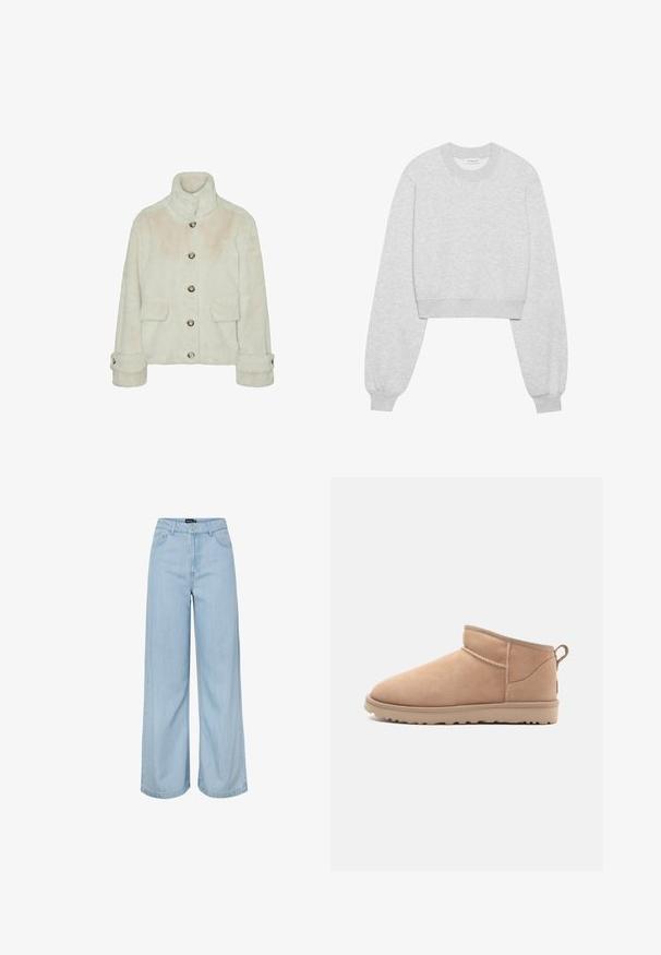 Vero Moda Faux fur VMSONJAEVA - Vinterjakker - oatmeal; Afskåret sweatshirt i lys grå stof, med lange ærmer, rund halsudskæring, ribbede ærmer og en subtil tekstur.; Lyseblå vidde jeans med høj talje, forlommer, bæltestropper og en knaplukning fra mærket Pieces.; Brune ruskindsankelstøvle med en rund tå, blød tekstur, enkelt design og en lavprofil gummisål. Har en trækrem bagpå.