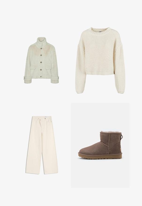 Vero Moda Faux fur VMSONJAEVA - Winterjas - oatmeal; Chunky gebreide crèmekleurige trui met een ronde halslijn, brede mouwen, geribbelde manchetten en een textuurpatroon. Verkorte stijl.; Off-white wijde broek met steekzakken aan de voorkant, lussen voor een riem en zilveren knopen op de tailleband en de randen van de zakken.; Bruine suède enkelboot met een zachte fleece voering, een ronde neus, gestikte details en een gestructureerde rubberen zool voor grip.