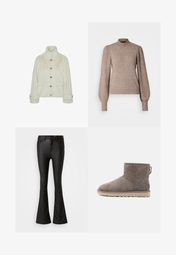 Vero Moda Faux fur VMSONJAEVA - Winterjacke - oatmeal; Strickpullover in hellem Braun mit hohem Ausschnitt, gepufften langen Ärmeln und gerippten Bündchen und Saum. Weicher, strukturierten Stoff.; Schwarze, ausgestellte Jeans aus einem glänzenden, glatten Stoff. Sie haben eine hohe Taille, Vorderaschen und einen Reißverschluss mit einer Knopfschließe.; Grau Wildleder-Stiefeletten mit weicher Textur, rundem Zeh und robustem beigem Absatz. Verfügen über einen verstärkten Absatz und Nahtakzente.