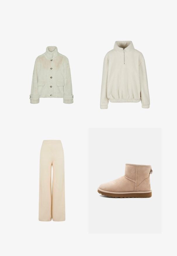 Vero Moda Faux fur VMSONJAEVA - Vinterjakker - oatmeal; Flødefarvet sherpa fleece pullover med lange ærmer, høj krave, halvlukning foran med lynlås og elastiske manchetter og kant for en tætsiddende pasform.; Cremefarvede bukser med vidde lavet af blødt stof, med elastisk talje og struktureret ribbet detalje ved ærmerne.; Beige ruskindsankelstøvle med rund tå, synlige sting og en tekstureret brun gummisål. Har en træksløjfe på bagsiden.