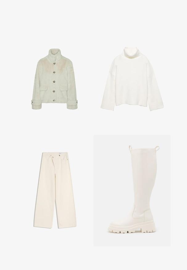 Vero Moda Faux fur VMSONJAEVA - Vinterjakker - oatmeal; Hvid rullekrave sweater lavet af blødt stof, med en afslappet pasform, sænkede skuldre og brede ribstrikkede manchetter og kant.; Off-white bukser med vidde i benene, foranlommer, bærestropper og sølvknapper på linningen og lommekanter.; Knælange hvide gummistøvler med en solid sål og elastiske paneler på siden. Har træksløjfer øverst for nemmere påklædning. Glat overflade.