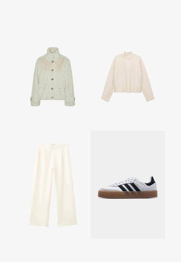Vero Moda Faux fur VMSONJAEVA - Vinterjakker - oatmeal; Cremefarvet pullover trøje lavet af blødt stof, med høj hals, sænket skuldre og en cropped design med ribbede kanter.; Hvide bukser med vide ben lavet af et glat stof, med en flad linning og to forlommer med diskrete plisseringer.; Hvide lædersneakers med sorte striber, gummirubber sål, rund tå, snørelukning og blød grå ruskinds tåhætte.