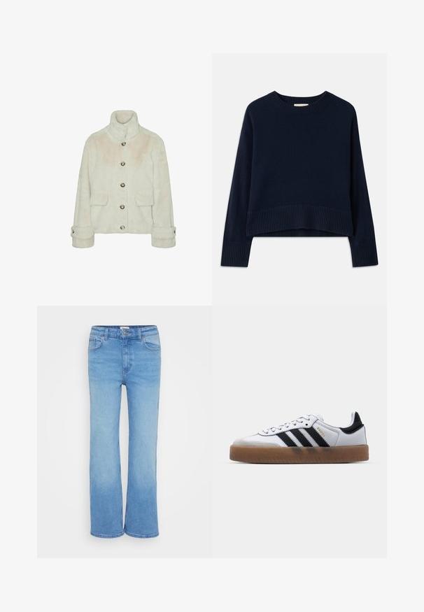 Vero Moda Faux fur VMSONJAEVA - Chaqueta de invierno - oatmeal; Suéter corto de color azul marino, confeccionado en suave tejido de punto, con cuello y puños acanalados, ajuste relajado y mangas largas.; Vaqueros de mezclilla azul claro con un diseño clásico de pierna recta, cinco bolsillos y cierre frontal con botón. Textura suave con color uniforme.; Zapatillas de cuero blancas con rayas negras, suela de goma, puntera redonda, cierre de cordones y caperuza de ante gris suave.