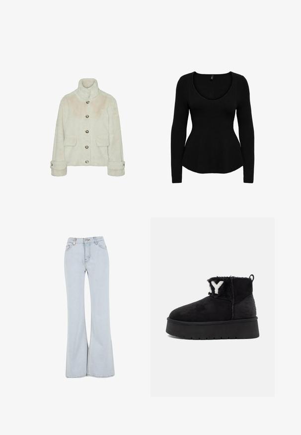 Vero Moda Faux fur VMSONJAEVA - Winterjacke - oatmeal; Schwarzer langärmeliger Pullover mit Rundhalsausschnitt, geripptem Textur und figurbetontem Oberteil, das am Saum leicht ausgestellt ist.; Helle blaue ausgestellte Jeans aus Denim mit hoher Taille, fünf Taschen und kontrastierender Naht entlang der Nähte.; Schwarze Knöchelstiefel mit einem Kragen aus Kunstfell, ausgestattet mit einem auffälligen "Y"-Logo, einem strukturierten Wildleder-Obermaterial und einer dicken, geriffelten Gummisohle.