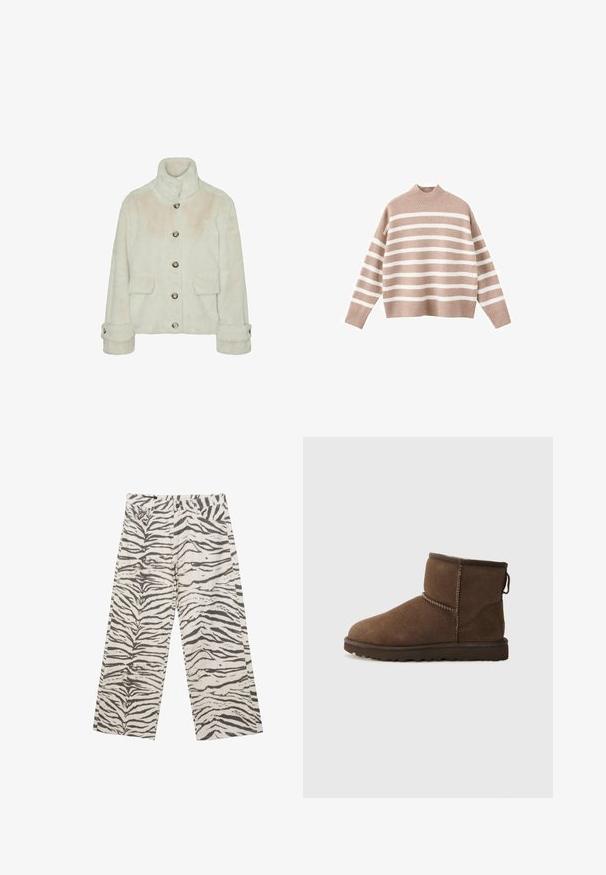 Vero Moda Faux fur VMSONJAEVA - Winterjas - oatmeal; Beige gestreepte trui met witte horizontale strepen, voorzien van een geribbelde hoge hals en brede mouwen, gemaakt van zachte gebreide stof.; Witte wijde broekspijpen met zwart-grijs zebra-streeppatroon en voorzakken, knoop- en ritssluiting.; UGG CLASSIC MINI II - Snowboots - dusted cocoa