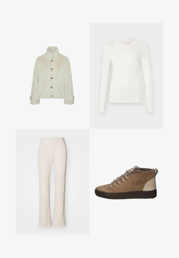 Vero Moda Faux fur VMSONJAEVA - Winterjacke - oatmeal; Langärmliges weißes T-Shirt aus weichem Stoff, mit Rundhalsausschnitt und figurnaher Silhouette. Minimalistisches Design ohne Muster oder Akzente.; Cremfarbene Rippstrickhosen mit einem ausgestellten Bein-Design, versehen mit einem hohen Taillenbund und glatter Textur. Der Stoff wirkt dehnbar und weich.; Beige Wildleder hohe Sneakers mit einem weichen Futter aus Kunstfell, runder Spitze und brauner Gummisohle. Mit metallischen Ösen und flachen Schnürsenkeln.