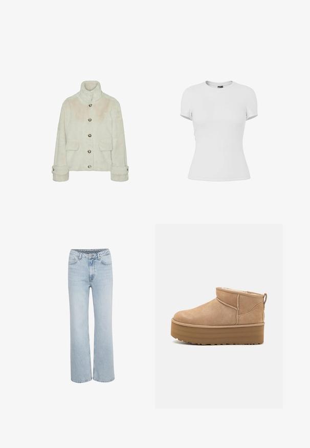 Vero Moda Faux fur VMSONJAEVA - Vinterjakker - oatmeal; Plain hvid tætsiddende T-shirt med korte ærmer og rund hals, vist på en hvid baggrund.; Lysblå højtaljede denim jeans med brede ben, fremadgående knap- og lynlåslukning samt fem lommer.; Beige ruskinds ankelstøvler med et blødt indre, der har en platformssål og en strop bagpå for nem påtagning. Tekstureret gummisål.