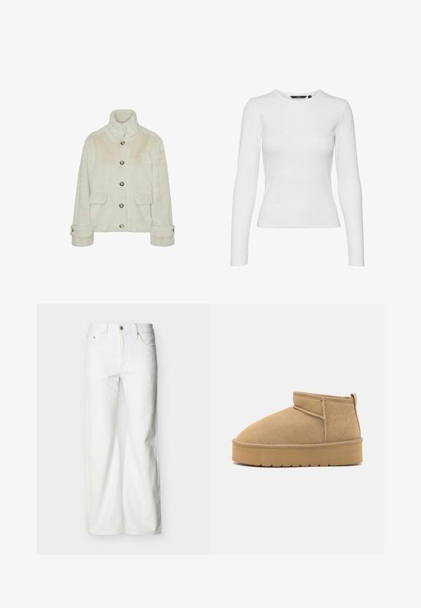Vero Moda Faux fur VMSONJAEVA - Talvejope - oatmeal; Valge pika varrukaga särk, mis on valmistatud ribakangast, ümaral kaelusel ja keha lähedal disainiga. Mustreid ega aksessuaare ei ole nähtaval.; Valged kõrge vöökohaga sirged teksad, esikinnis nööpide ja tõmblukuga ning külje- ja tagataskutega, ühevärvilise heleda tausta ees.; Beežist suède pahkluu saapad, ümmarguse varbaga, minimaalse õmblemisega ning helepruuni kummitald, millel on tekstuuriga Muster.