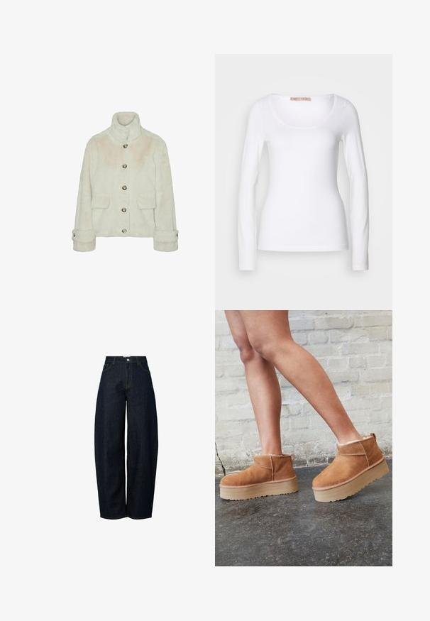 Vero Moda Faux fur VMSONJAEVA - Winterjas - oatmeal; Witte katoenen T-shirt met lange mouwen, voorzien van een ronde halslijn en een getailleerd ontwerp, met een gladde textuur en zonder versieringen.; Wijde donkerblauwe denim jeans met een hoge taille, afgewerkt met contrasterende oranje stiksels en een knoopsluiting aan de voorkant.; Bruine suède enkelboots met een zachte voering, dikke beige plateauzool en een achterste lus. Getextureerde oppervlakte met zichtbare stiksels.