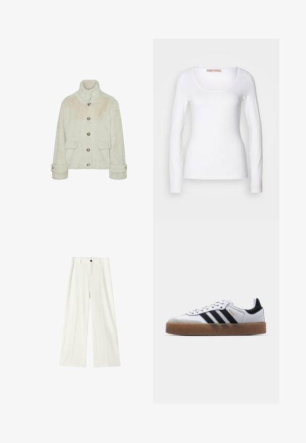 Vero Moda Faux fur VMSONJAEVA - Winterjas - oatmeal; Witte katoenen T-shirt met lange mouwen, voorzien van een ronde halslijn en een getailleerd ontwerp, met een gladde textuur en zonder versieringen.; Witte, wijde broek met hoge taille, voorplooien, tailleband met riemlussen en een zwarte knoopsluiting.; Witte leren sneakers met zwarte strepen, gumrubberen buitenzool, ronde neus, vetersluiting en een zachte grijze suède neuskap.