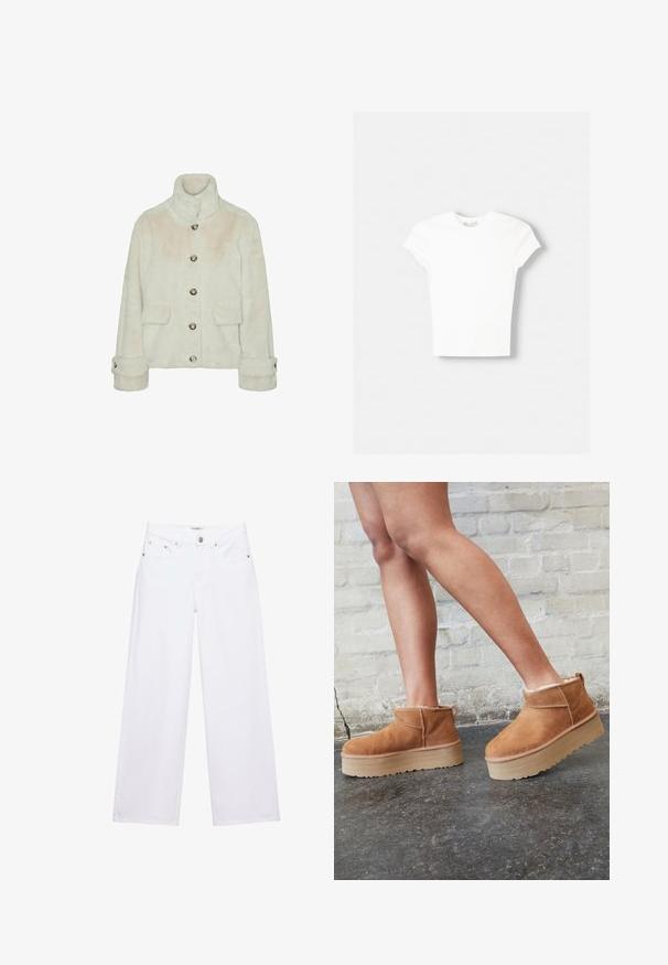 Vero Moda Faux fur VMSONJAEVA - Winterjas - oatmeal; Witte t-shirt met korte mouwen van zachte katoen, met een ronde halslijn en een getailleerde vorm. Geen zichtbare patronen of versieringen.; Witte jeans met hoge taille en wijde pijpen, voorzien van knoop- en ritssluiting, voor- en achterzakken, en zilverkleurige klinknageldetails.; Bruine suède enkelboots met een zachte voering, dikke beige plateauzool en een achterste lus. Getextureerde oppervlakte met zichtbare stiksels.