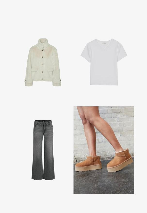 Vero Moda Faux fur VMSONJAEVA - Winterjacke - oatmeal; Weißes kurzärmliges V-Ausschnitt-T-Shirt aus Rippstoff. Es zeichnet sich durch ein sauberes Design mit geradem Saum und minimalen Details aus.; Graue hoch taillierte Jeans aus Denim mit weitem Bein, vorderer Knopfverschluss und klassischer Fünf-Taschen-Einteilung.; Braune Wildleder-Stiefeletten mit einem weichen Futter, dicker beige Plateau-Sohle und einer Zuglasche auf der Rückseite. Strukturiert Oberfläche mit sichtbaren Nähdetails.