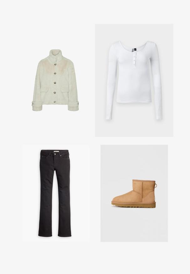 Vero Moda Faux fur VMSONJAEVA - Vinterjakker - oatmeal; Hvid langærmet ribbet top med scoop-neck og fire knapper foran. Stoffet har en glat tekstur og en tætsiddende pasform.; Sorte jeans lavet af denim, med lige ben-design, standard talje, fem lommer og diskrete syninger.; Brune suede ankelstøvle med rund tå, stikninger, en pull tab bagpå og en tekstureret gummisål. Designet til komfort og varme.
