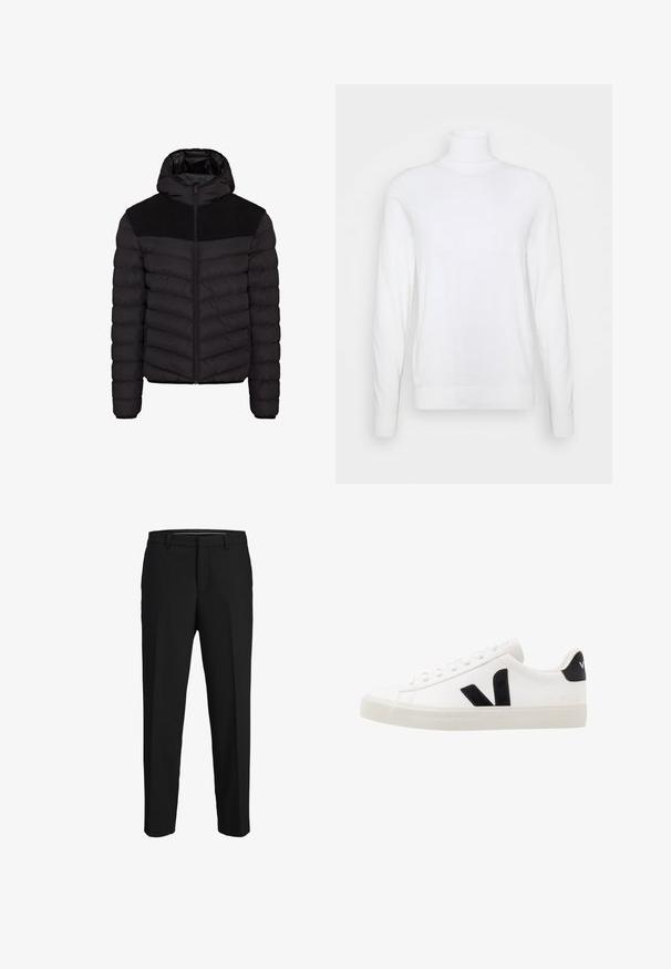 Chaqueta acolchada negra con capucha, con un panel de tela texturizada negra en los hombros, cierre de cremallera y patrón de acolchado horizontal.; Suéter blanco de cuello alto y mangas largas, hecho de una tela suave. Presenta un diseño ajustado y puños y dobladillo acanalados. Sin patrones ni acentos.; Pantalones negros de tela suave, con corte recto, lazos para cinturón y un diseño de frente plano sin patrones ni adornos visibles.; Zapatilla de cuero blanca con acentos de ante negro; presenta una suela de goma, puntera redonda y un diseño clásico de cordones. Logo lateral en negro.