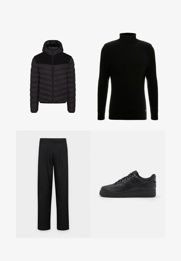 Mustmust vest, millel kapuuts, millel on tekstuuriga must kangas paneel õlgadel, lukuga sulgemine ja horisontaalselt tikitud muster.; Mustamugane kõrge kaelusega sviiter, pikkade varrukatega, soonikuline tekstuur, liibuv siluett ja väike brändi silt all vasakul.; Mustad mustadest riietest, millel on sirge jalgade disain, kaks eesmist voltimist ja tavaline vöökoht, millel on vöökohad.; Nike Sportswear AIR FORCE 1 07 FLYEASE - Tossud - black