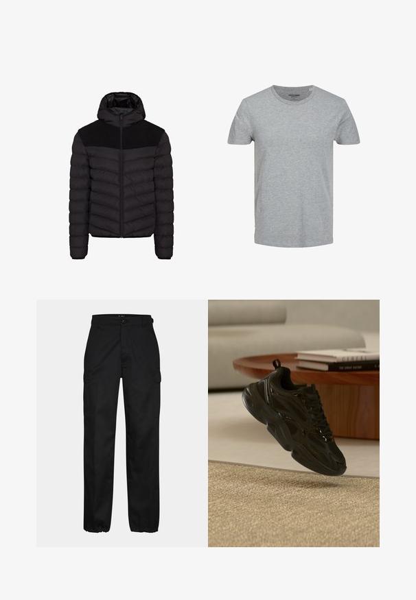 Schwarze Pufferjacke mit Kapuze, ausgestattet mit einem strukturierten schwarzen Stoffpanel auf den Schultern, Reißverschluss und horizontalem Steppmuster.; Grau T-Shirt mit kurzen Ärmeln aus weicher Baumwolle. Mit klassischem Rundhalsausschnitt und normaler Passform. Einfaches Design ohne Muster oder Akzente.; Schwarze Cargo-Hosen mit geradem Schnitt, ausgestattet mit Seitentaschen, einem Knopfverschluss und elastischen Bündchen an den Knöcheln. Hergestellt aus strapazierfähigem Material.; Schwarzer klobiger Sneaker mit Mesh- und glänzenden Details, der über einem beigen Teppich schwebt, runder Holztisch mit Büchern im Hintergrund.