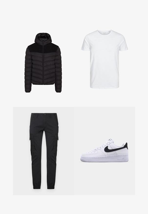 Sort pufferjakke med hætte, der har et struktureret sort stofpanel på skuldrene, lynlåslukning og horisontal quiltet mønster.; Rundhals kortærmet t-shirt i ensfarvet hvid, lavet af blød bomuld, har et simpelt design uden synlige mønstre eller detaljer.; Sorte cargo-bukser med slank pasform, forlommer foran, sidelommer med klap, bæltestropper, knaplukning og elastiske manchetter ved anklerne.; Hvide lædersneakers med en struktureret sort Swoosh, flade snørebånd og en gummisål med et rillemønster. "AIR" er præget på hælen.