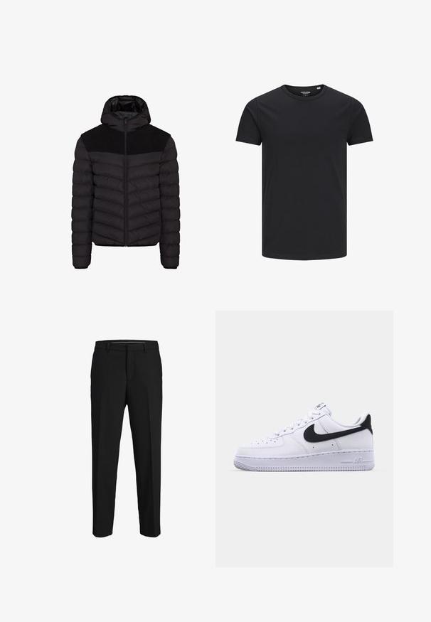 Doudoune noire avec capuche, dotée d'un panneau de tissu noir texturé sur les épaules, fermeture éclair et motif matelassé horizontal.; T-shirt en coton noir avec un col rond, des manches courtes et un design simple. Texture lisse, sans motifs ni éléments visibles.; Pantalons noirs en tissu lisse, présentant une coupe droite, des passants de ceinture et un devant plat sans motifs ni embellissements visibles.; Sneaker en cuir blanc avec un Swoosh noir texturé, des lacets plats et une semelle en caoutchouc avec un motif strié. "AIR" est embossé sur le talon.