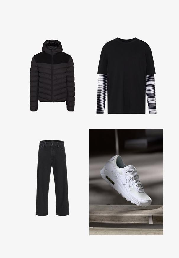Schwarze Pufferjacke mit Kapuze, ausgestattet mit einem strukturierten schwarzen Stoffpanel auf den Schultern, Reißverschluss und horizontalem Steppmuster.; Schwarzes T-Shirt mit kurzen Ärmeln, einfarbiger Vorderseite und langen gestreiften Ärmeln in Schwarz und Weiß. Einfaches Rundhalsdesign, lässige Passform.; Schwarze gerade geschnittene Jeans aus Denim mit Knopf- und Reißverschluss, Gürtelschlaufen sowie Vorder- und Gesäßtaschen.; Weiße Nike Air Max 90 Sneaker mit einem Obermaterial aus Mesh und Leder, durchlässigem Zehenbereich und einer sichtbaren Air-Einheit in der Ferse.