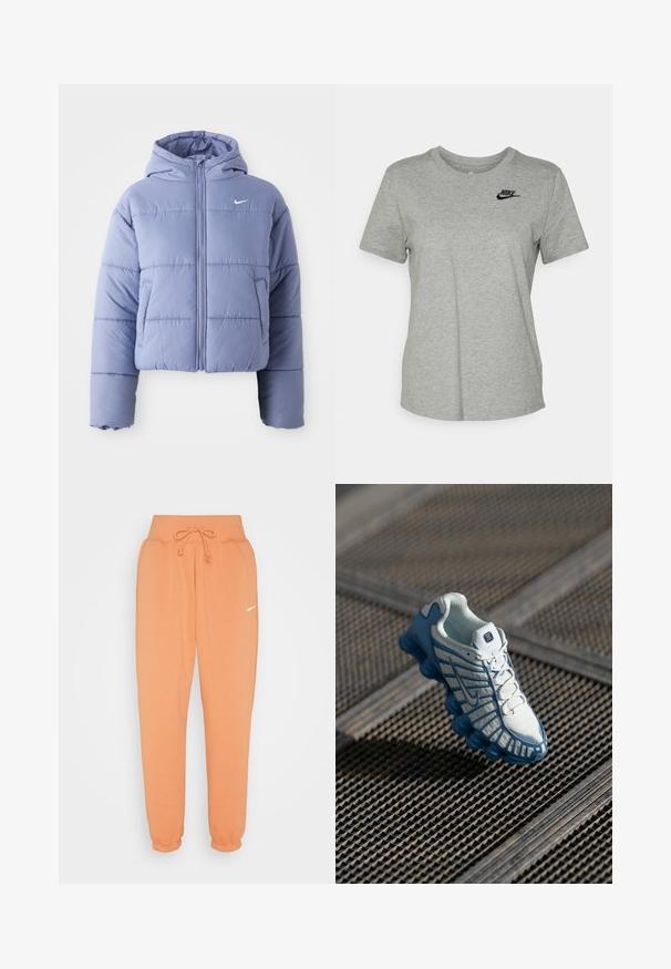 Chaqueta acolchada recortada en un suave color lavanda, con capucha, cierre frontal y costuras horizontales. Bolsillo en el lado izquierdo y acento del logo de Nike.; Camiseta de algodón gris con mangas cortas, cuello redondo y un logo negro de Nike en la parte superior izquierda del pecho. Textura suave y diseño casual.; Nike Sportswear W PHNX FLC HR OS - Pantalones deportivos - amber brown/sail; Zapatilla deportiva blanca y azul con parte superior de malla y suela segmentada, descansando sobre un suelo de rejilla metálica.