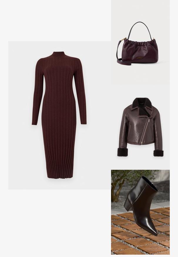 Bruine leren cropped jas met een nep bontkraag, ritssluiting en schapenwollen manchetten. Voorzien van een asymmetrisch ontwerp en een gestructureerde afwerking.; Mouwloze, geribbelde, donkerbruine gebreide midi-jurk met col, aansluitende pasvorm en verticale textuur.; Zwarte leren enkelboot met een spitse neus, blokhak en een gladde textuur, gepositioneerd boven een houten en grindoppervlak.; Bordeaux leren handtas met een geplooid ontwerp, gouden hardwareaccenten en een afneembare schouderband; voorzien van een logodetail aan de voorkant.